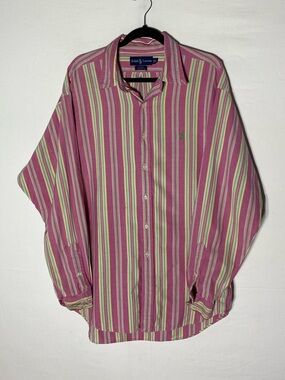 Vintage 90s Ralph Lauren Pink Green Yellow Multi Stripe Cotton Button Down XL
